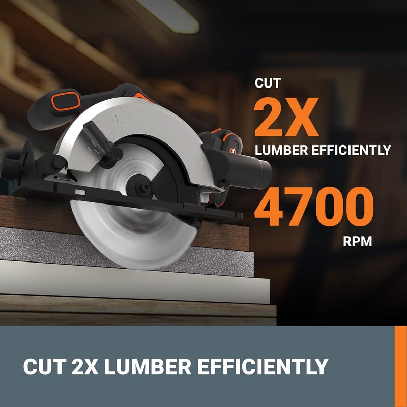 WORX 20V Cordless Electric Circular Saw 6-1/2'' Max. 2-3/16" Cutting Depth 4700 Rpm 0-50° Bevel Capacity 2.0 Ah Battery and Charger Included WX526L - Image 3